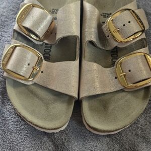Birkenstock Metallic Sandals with Big Gold Buckles